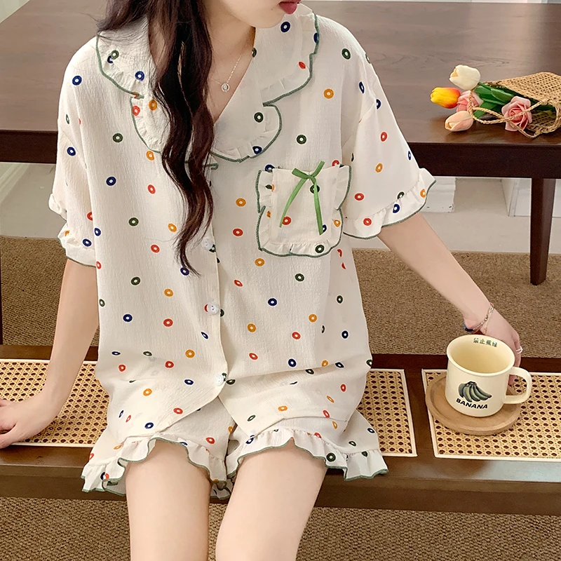 Summer Pajama Sets For Women Adult Wave Point Sleepwear Cotton Doll Collar Pyjama Girl Homewear Short Pijama Suit Clothes
Summer Pajama Sets For Women Adult Wave Point Sleepwear Cotton Doll Collar Pyjama Girl Homewear Short Pijama Suit Clothes