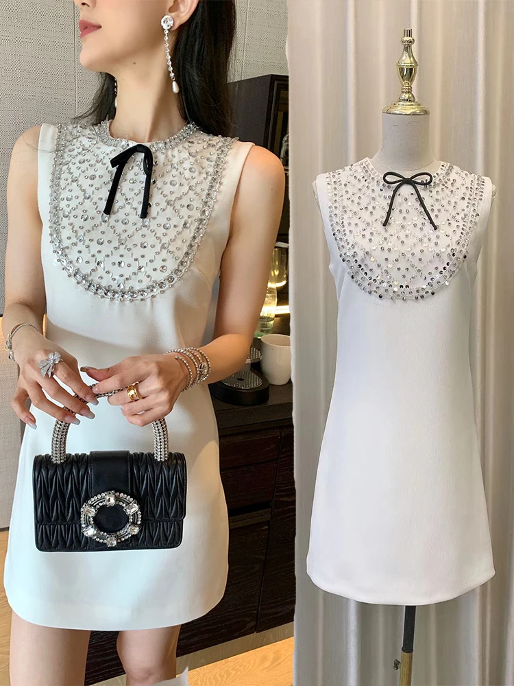 Новинка лета 2023, украшенное кристаллами, белое мини-платье с блестками, женские элегантные яркие платья без рукавов с бантом 
Новинка лета 2023, украшенное кристаллами, белое мини-платье с блестками, женские элегантные яркие платья без рукавов с бантом