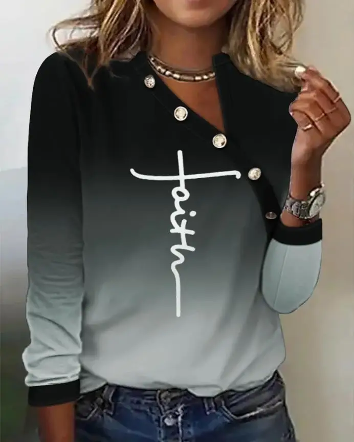 Letter Ombre Print Long Sleeve Casual Top for Women Asymmetrical Neck Tee Pullovers Girls
Letter Ombre Print Long Sleeve Casual Top for Women Asymmetrical Neck Tee Pullovers Girls