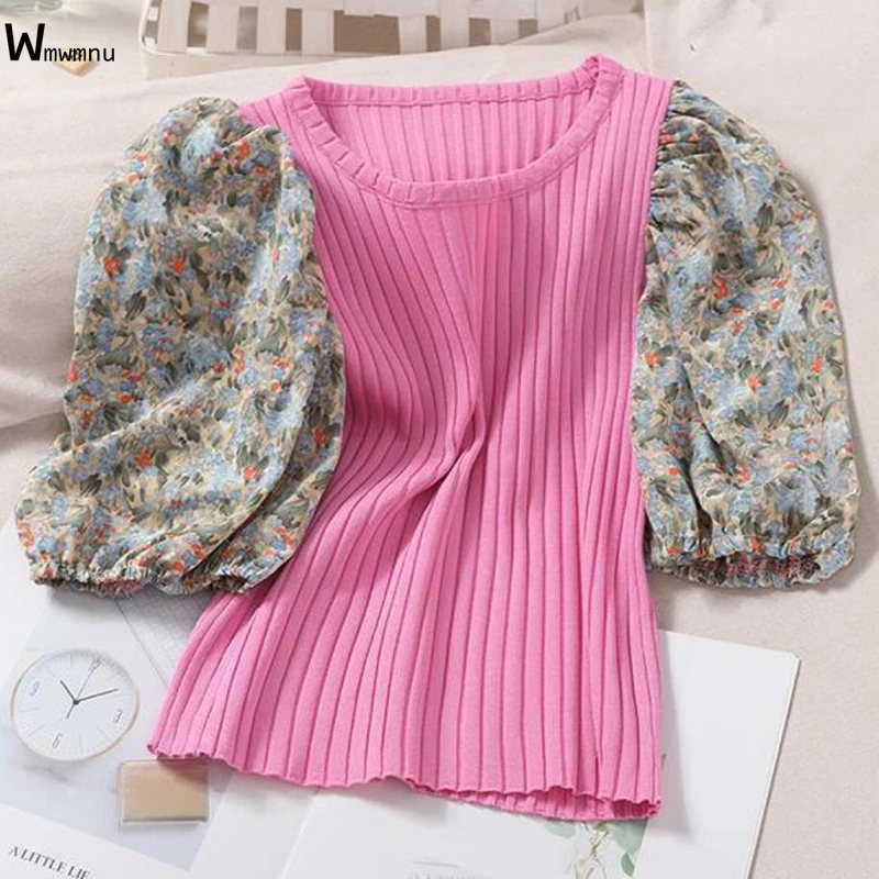 Korean Style Summer One Size Pullover Print Puff Sleeve Short Knit Slim Knitted Tops Women Vintage Short Sleeve Knitwear T-Shirt
Korean Style Summer One Size Pullover Print Puff Sleeve Short Knit Slim Knitted Tops Women Vintage Short Sleeve Knitwear T-Shirt
