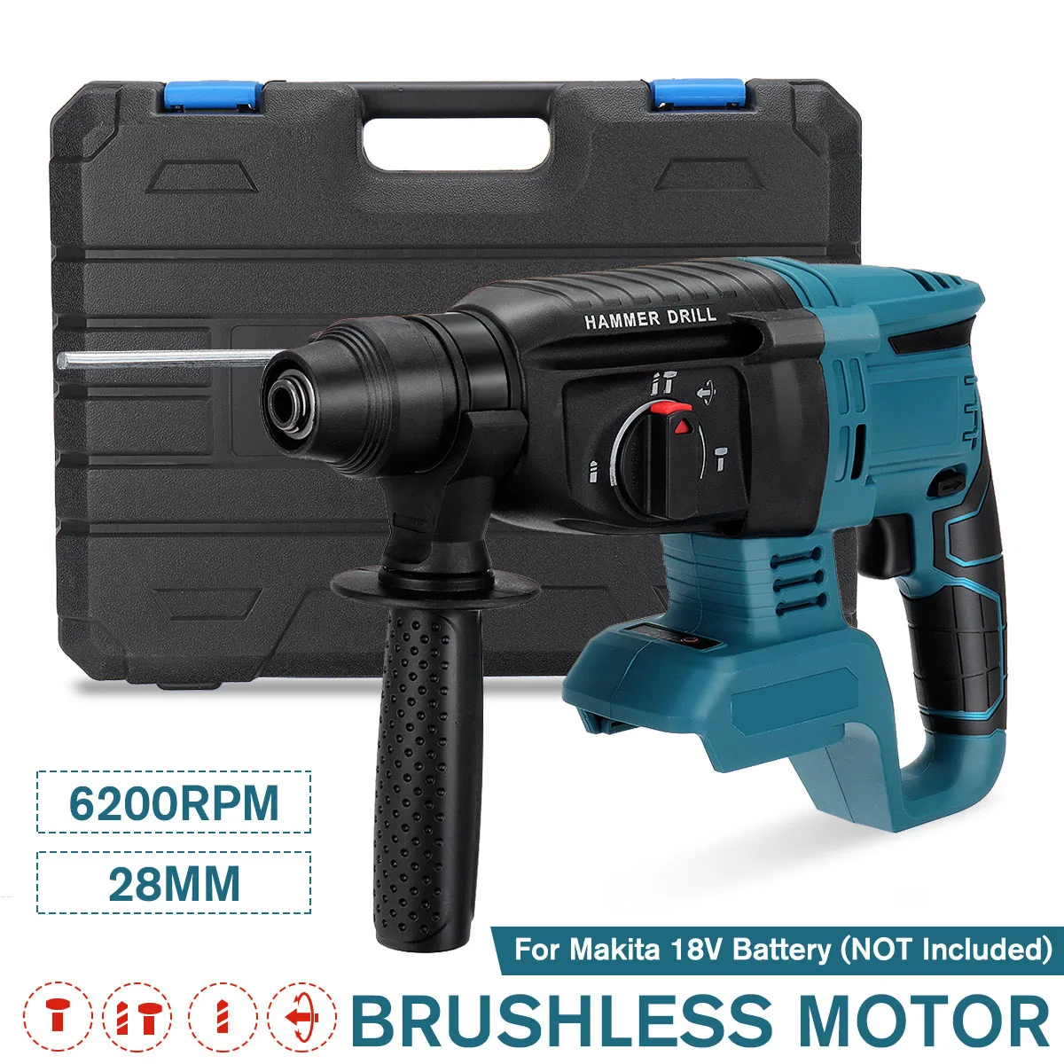 6200rpm 28mm Brushless Rotary Hammer Rechargeable Electric Hammer Drill Cordless Impact Drill 4 Functions for Makita 18V Battery
6200rpm 28mm Brushless Rotary Hammer Rechargeable Electric Hammer Drill Cordless Impact Drill 4 Functions for Makita 18V Battery