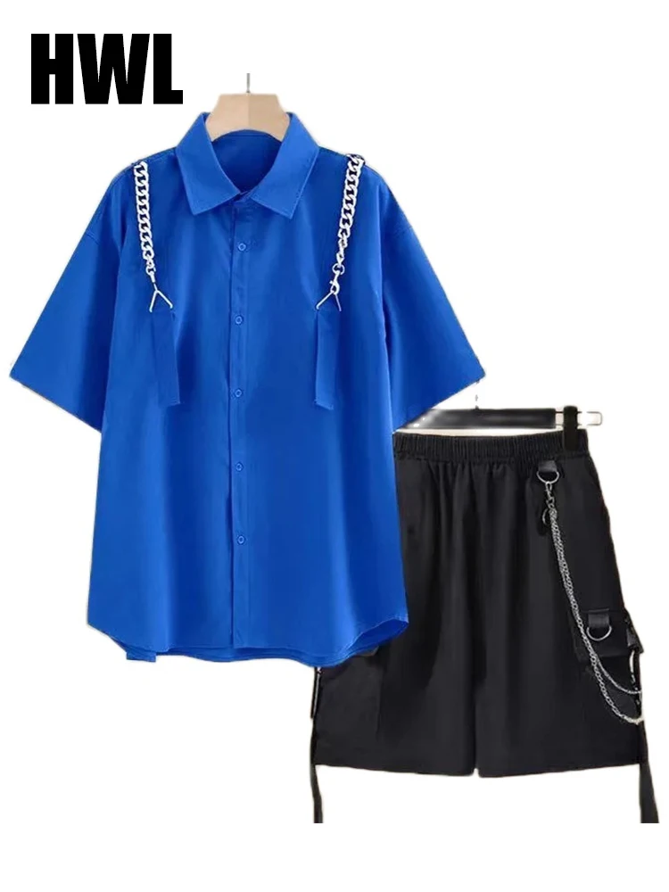 Summer Blue Short Sleeve Shirt Streetwear 2 Piece Suit+High Street Harajuku Chain Cargo Shorts Loose Two Piece Shirt Women Set
Summer Blue Short Sleeve Shirt Streetwear 2 Piece Suit+High Street Harajuku Chain Cargo Shorts Loose Two Piece Shirt Women Set