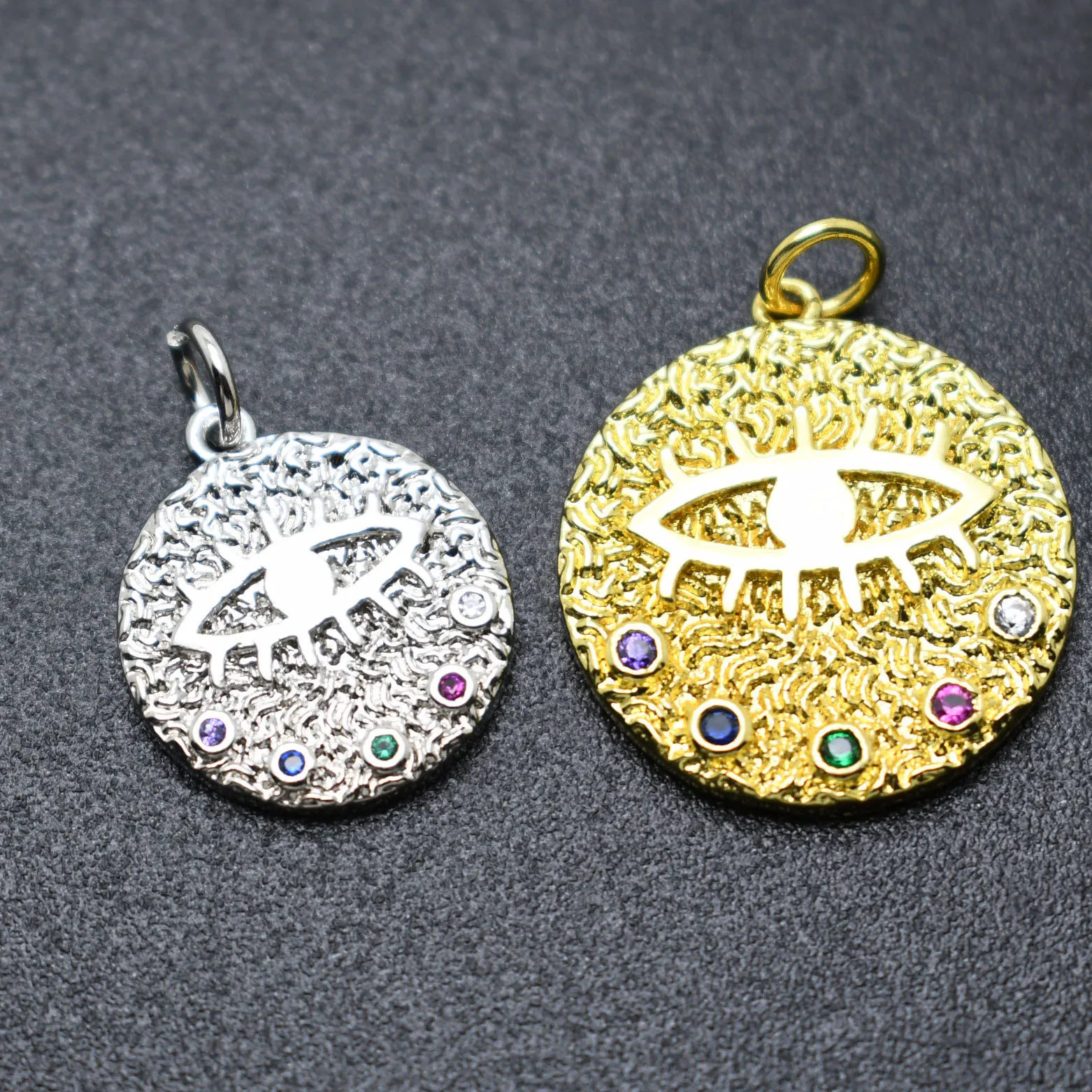 

High Quality Anti Fading Rhodium Gold Plated MultI CZ Setting Evil Eye Rough Round Pendant for DIY Women Earring Necklace