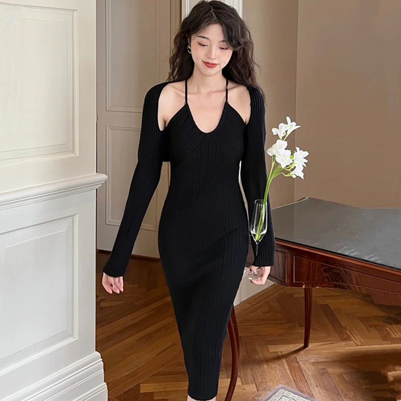 Long Sleeve Sweater Cardigan Knitted Two Piece Set Women Crop Top + Sling Sleeveless Sexy Midi Dress Sweet Elegant Lady Outfits
Long Sleeve Sweater Cardigan Knitted Two Piece Set Women Crop Top + Sling Sleeveless Sexy Midi Dress Sweet Elegant Lady Outfits