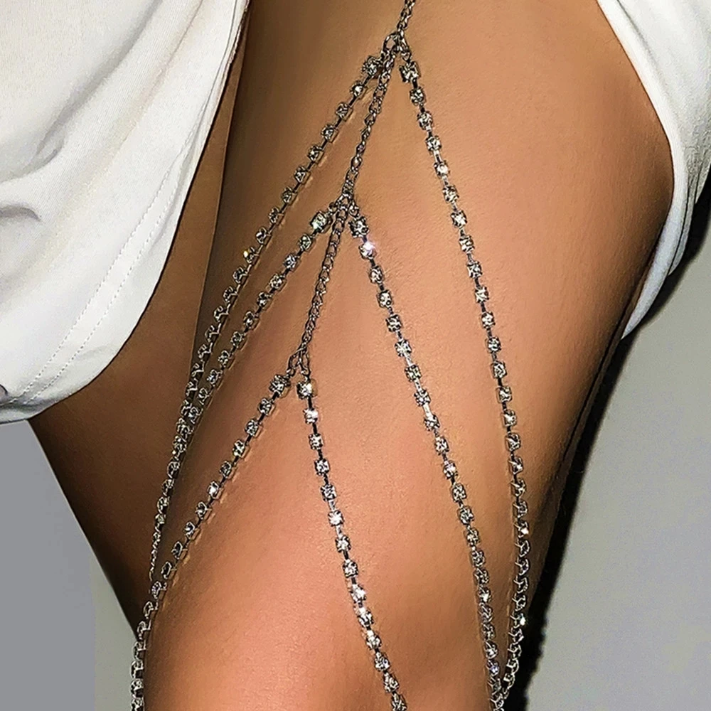 

Sexy Rhinestones Leg Thigh Chain for Women Multilayer Shiny Crystal Silver Color Waist Body Chain Beach Jewelry