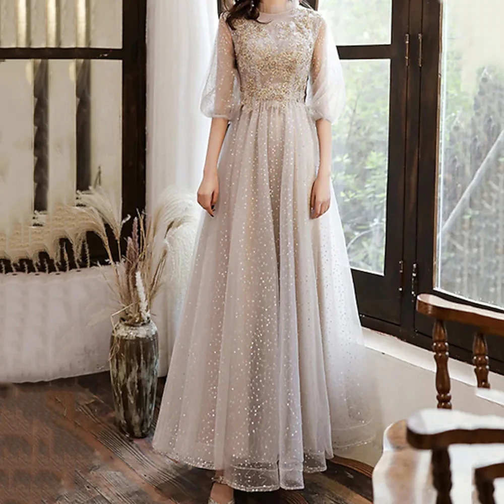 Elegant Half Sleeves Evening Dresses O Neck A Line Lace Up Back Corset Appliques Ankle-Length Tulle With Dots Prom Party Gowns
Elegant Half Sleeves Evening Dresses O Neck A Line Lace Up Back Corset Appliques Ankle-Length Tulle With Dots Prom Party Gowns