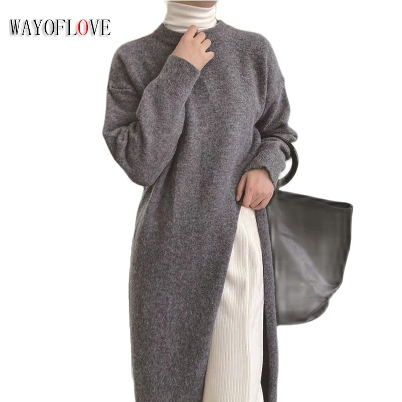 

WAYOFLOVE Autumn Winter Women Dress Split Sweater Women Long Sleeve Knitted Dresses Elegant Gray Oversize Dresses Warm Pullovers