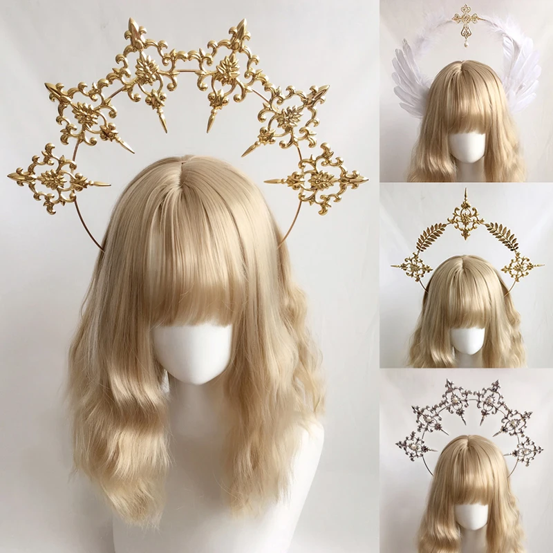 

Virgin Mary Halo Queen and Tiara Princess Lolita Angel Feather Wings Crown KC Noitira Headband Headdress Accessories