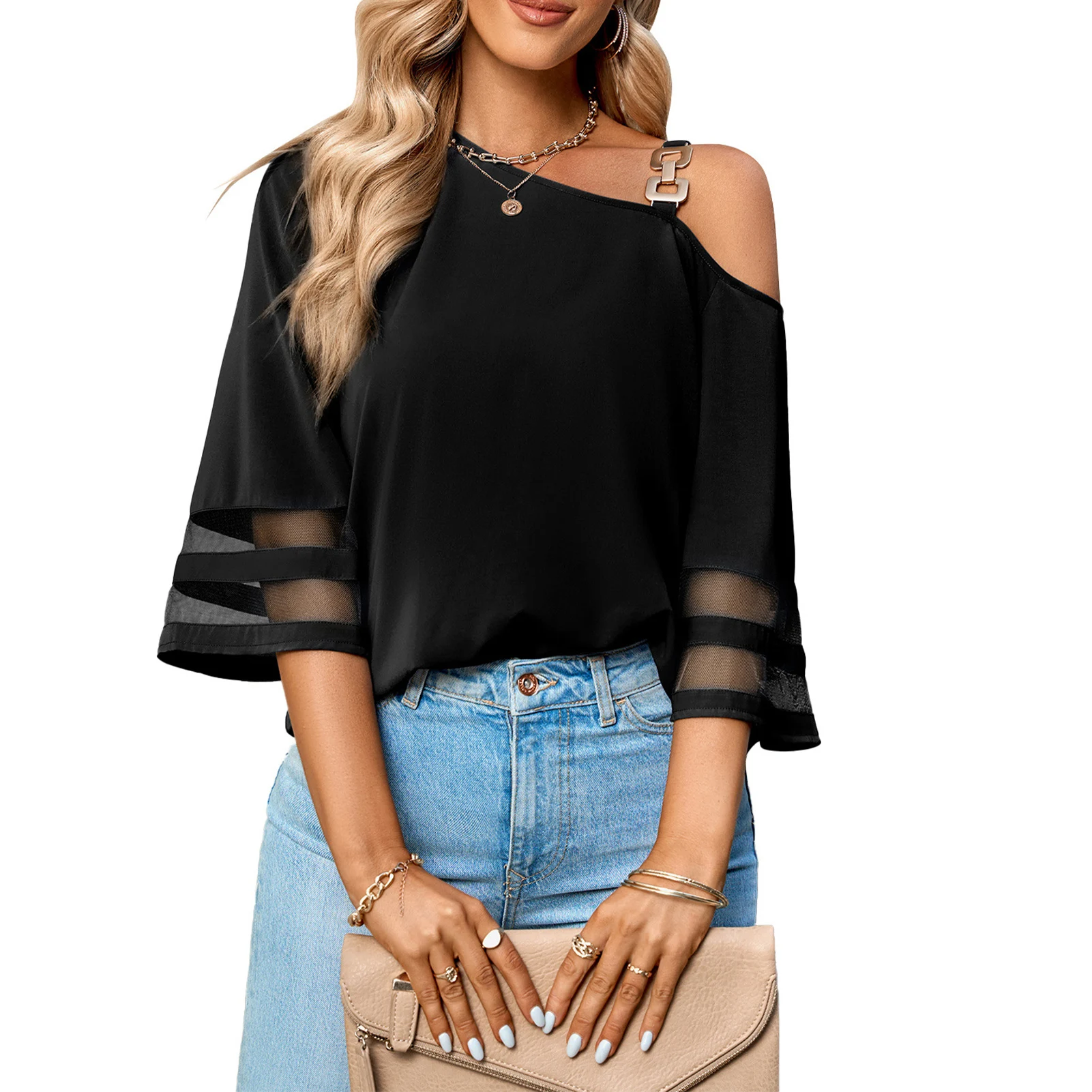 Women Short Sleeve Blouse Fashion One Shoulder Neck Streetwear T-Shirt All-match Solid Color Metal Button for Female Relaxed-Fit
Women Short Sleeve Blouse Fashion One Shoulder Neck Streetwear T-Shirt All-match Solid Color Metal Button for Female Relaxed-Fit