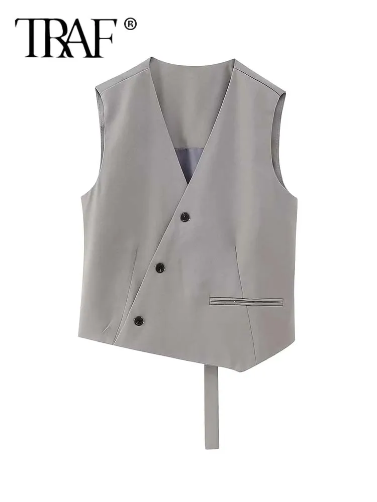 

TRAF Womens 2023 Sleeveless Vest Woman Asymmetric Crop Waistcoat Women Office Casual Summer Jacket Button Women's Fashion Vests