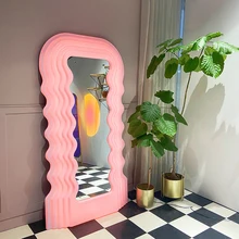 Large Pink Full Body Mirror Wavy Standing With Lights Bluetooth Macrame Mirror Beauty Salon Maiden Design Espejos Home Decor