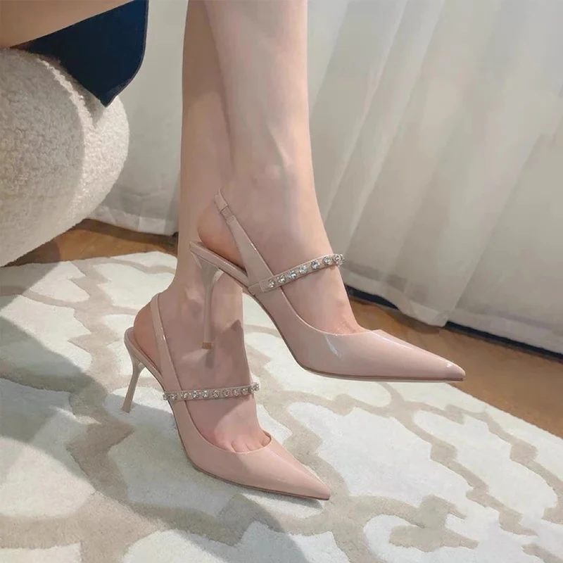 

Patent Leather Rhinestone Sandals Pointed Toe Stiletto Heels Women Thin Heel Shallow Pumps Sandalias Mujer Verano Talon Femme