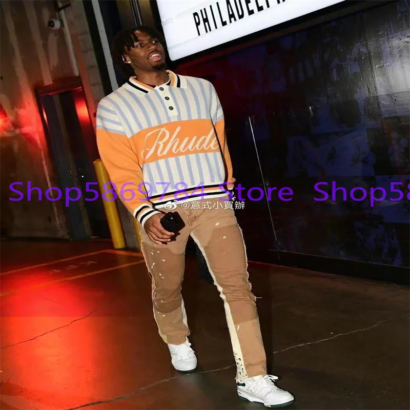 2023SS Autumn and Winter Men's and Women's Striped Knitted Colored Polo Neck RHUDE Pullover Sweater
2023SS Autumn and Winter Men's and Women's Striped Knitted Colored Polo Neck RHUDE Pullover Sweater