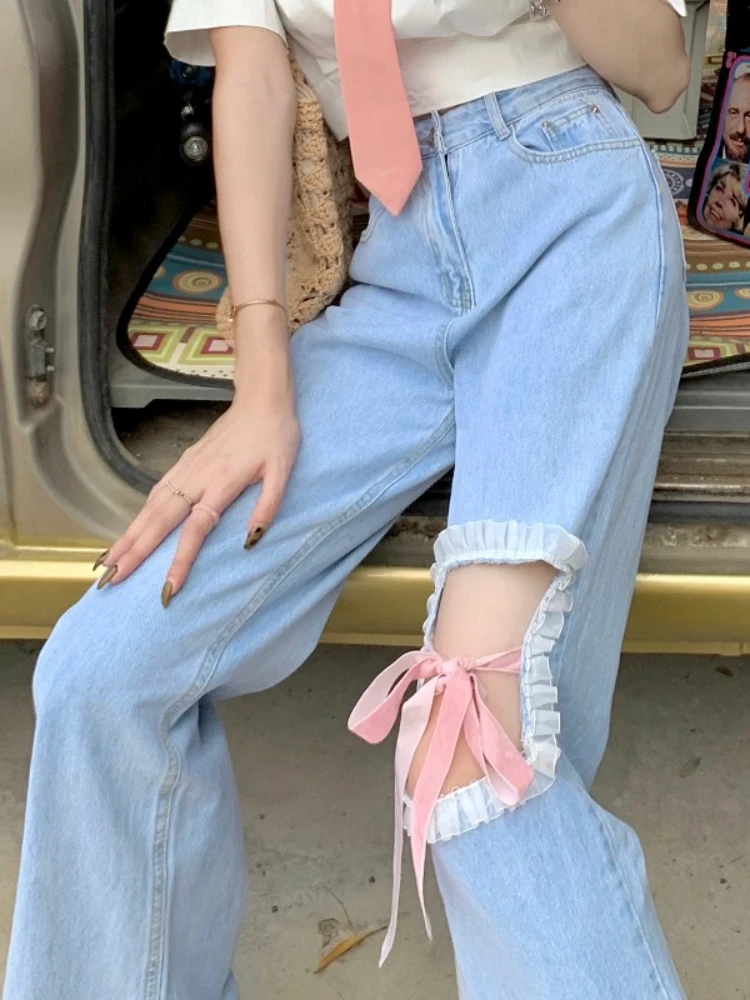 Blue Korean Style Kawaii Sweet Jeans Women Japanese High Waist Casual Cute Jeans Female Bow Bandage Wide-legged Pants Summer New
Blue Korean Style Kawaii Sweet Jeans Women Japanese High Waist Casual Cute Jeans Female Bow Bandage Wide-legged Pants Summer New
