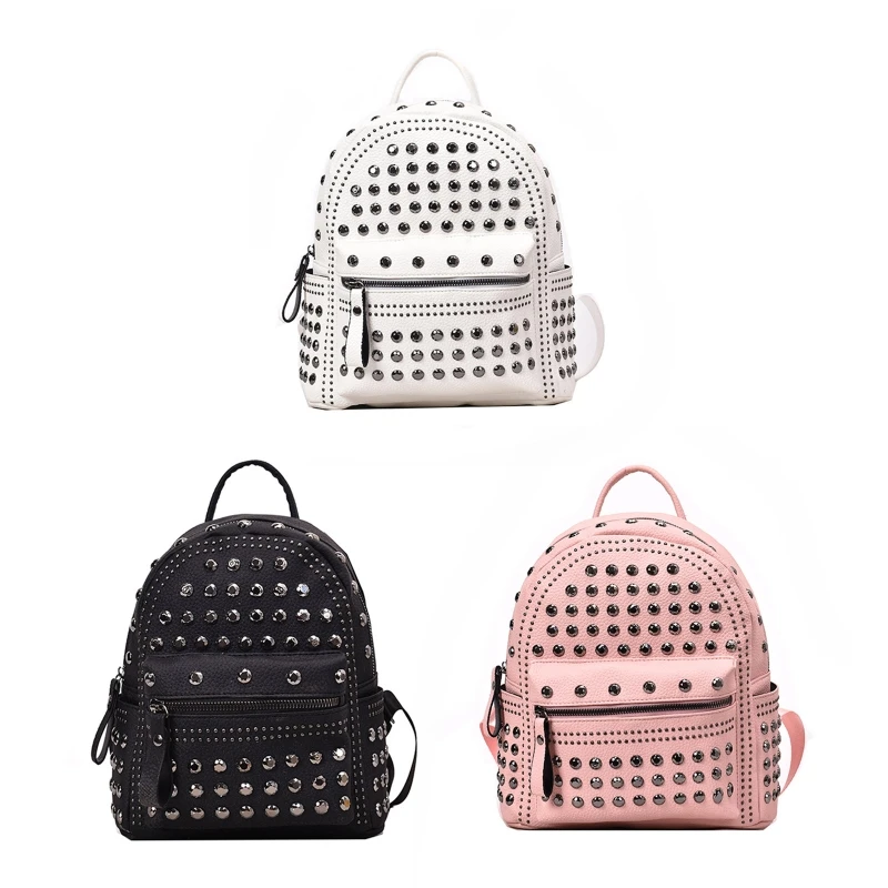 

Vintage Solid Color Backpack Waterproof PU Leather Satchel Rivet Studded School Bag for Outdoor Activities Vacation