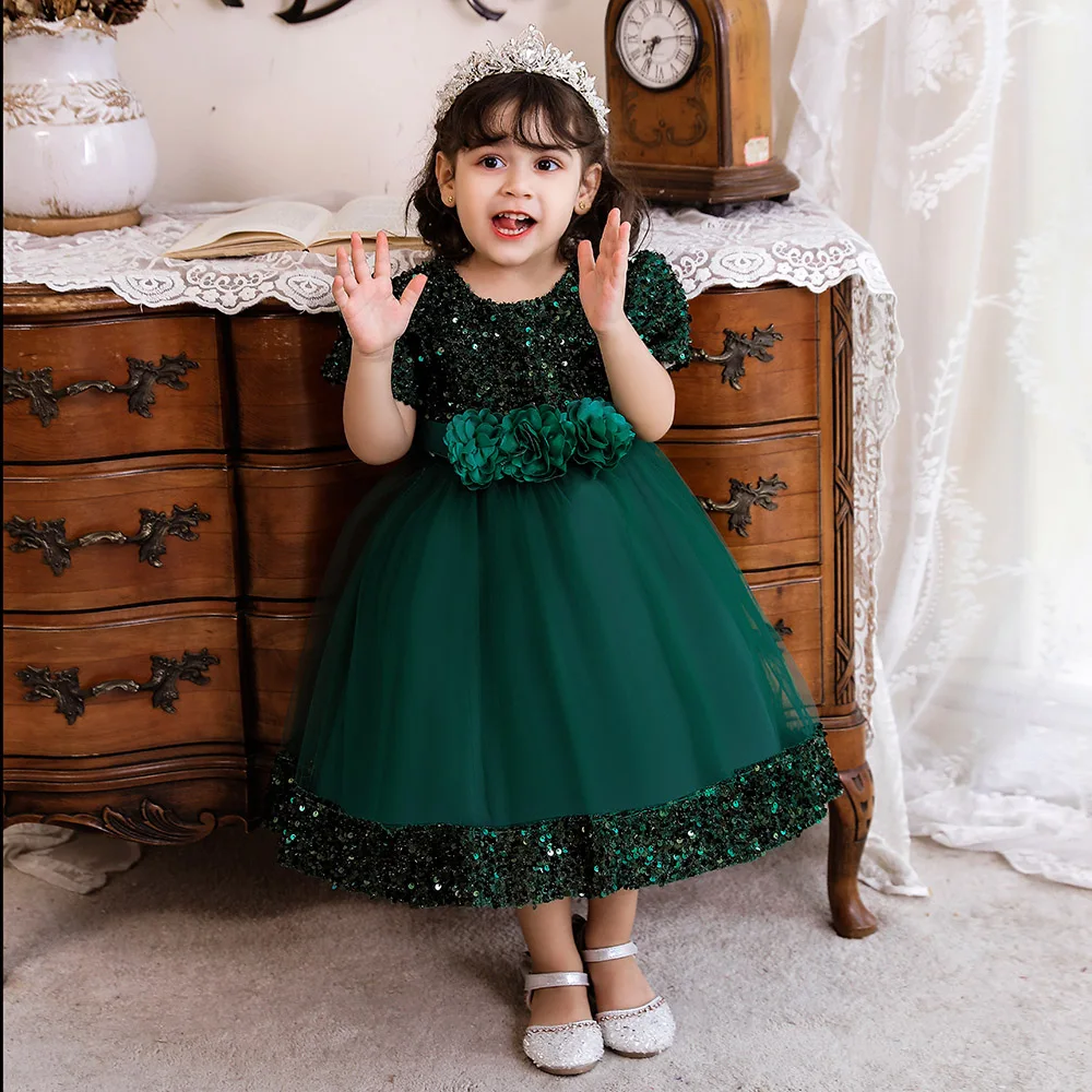 

CLS-007 Red Green Gray Sequins Flower Infant Baby Vestidos Clothes Girls Birthday Party Princess Dress For 3M 6M 12M 24M 3T 4T