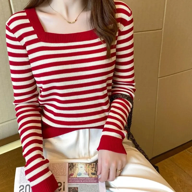 Stripe Square Collar Knitted Pullover Sweaters Women Slim Jumpers Woman Autumn and winter New Tops
Stripe Square Collar Knitted Pullover Sweaters Women Slim Jumpers Woman Autumn and winter New Tops