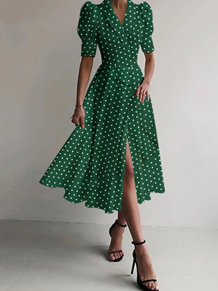 Classic Solid Polka Dot Print Waist Swing Dress Fashion Lapel Office Women Short Sleeve Midi Dress Party Split Elegant Dress New
Classic Solid Polka Dot Print Waist Swing Dress Fashion Lapel Office Women Short Sleeve Midi Dress Party Split Elegant Dress New