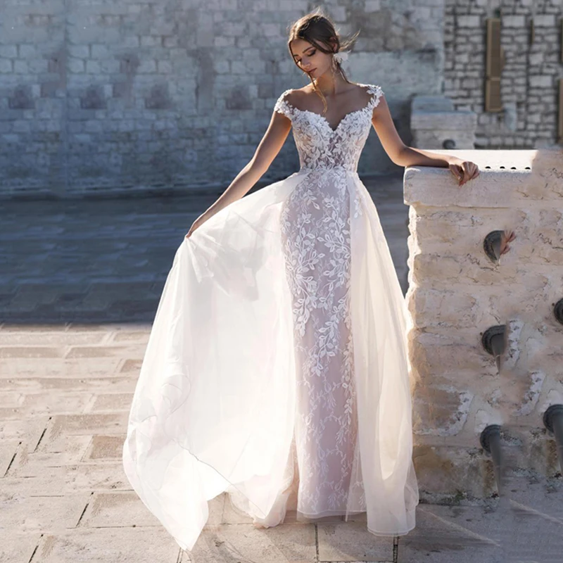 

Boho Mermaid Wedding Dress 2022 Charming A-line Detachable With Beading Bridal Gown Silky Organza Custom Made Vestidos De Noiva