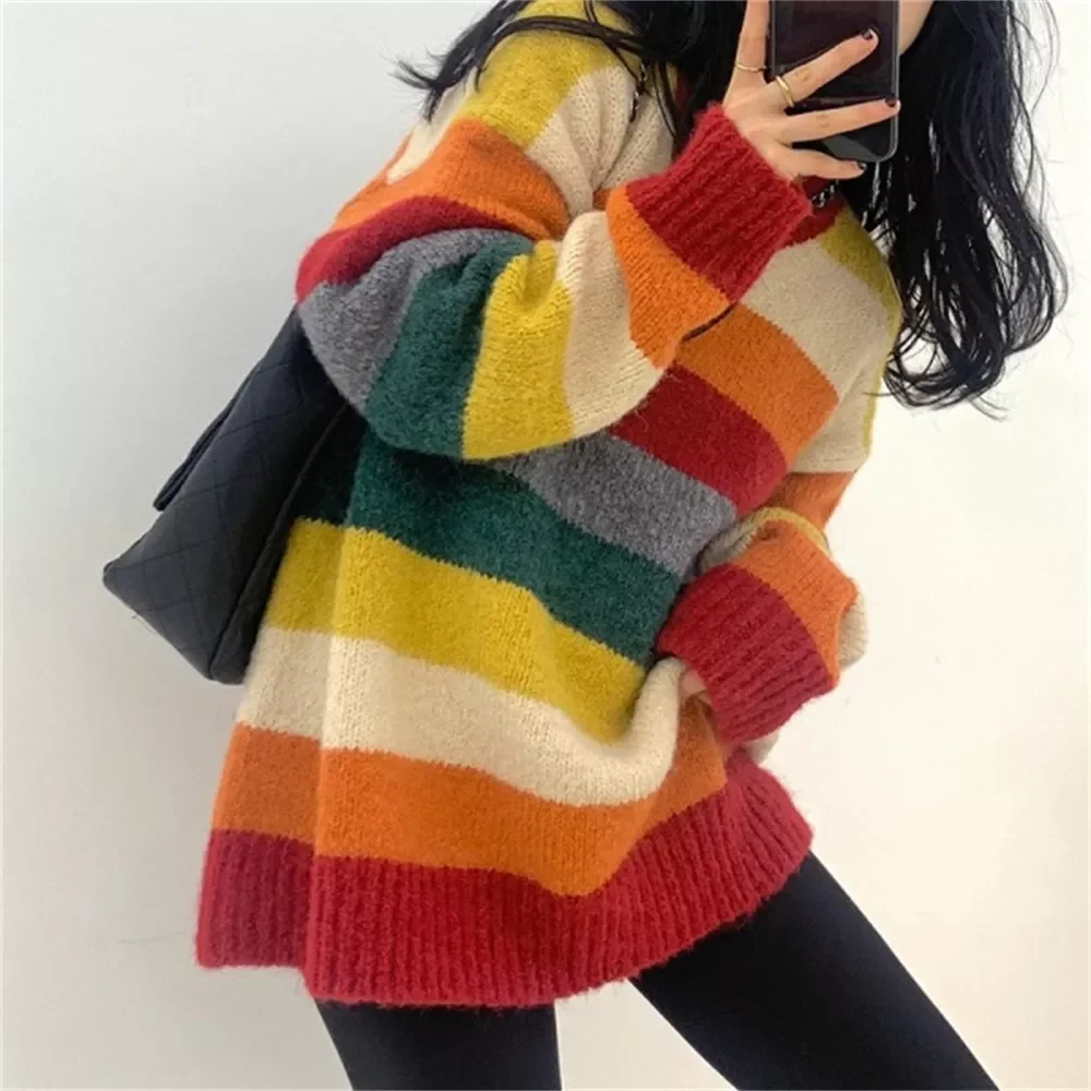 NEW 2023 Pullover Autumn Winter Rainbow Stripe Sweater Cardigan Women's Coat Loose Over The Lazy Student Chic Color Sweater
NEW 2023 Pullover Autumn Winter Rainbow Stripe Sweater Cardigan Women's Coat Loose Over The Lazy Student Chic Color Sweater