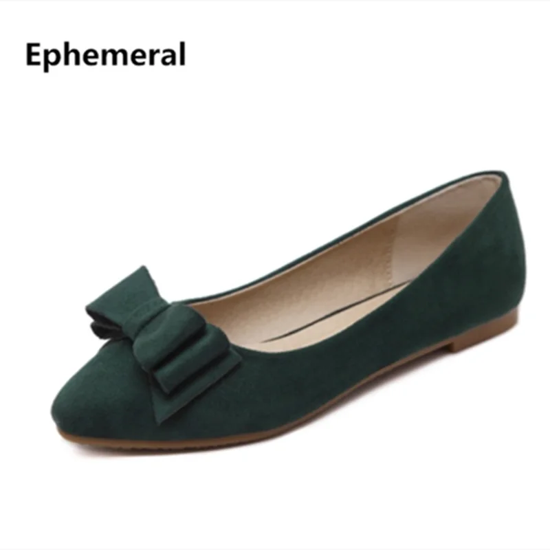 

2022 New Arrivals Flats Women Shoes With Bow Flock Pointed Toe Slip-ons Soft Bottom Plus Size 44 33 48 Green Beige Black Fashion