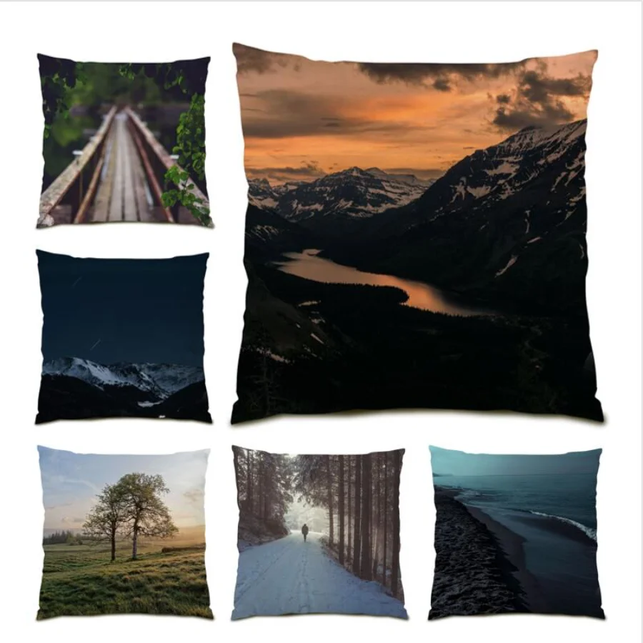 

Realistic Landscape Cushion Cover 45x45 Mountains Rivers Decoration Living Room Polyester Linen Scenic Throw Pillow Covers E0785