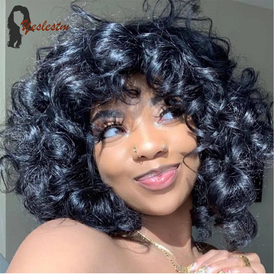 

Rose Curly Human Hair Wigs Glueless Full Machine Made Short Bob Fumi Curly Wig with Bangs for Black Women Peruvian Remy Hair