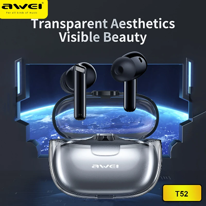 

Awei T52 Wireless Bluetooth V5.3 Earphones In-Ear TWS Bass Headphones With Mic Transparent Earbuds HiFi Stereo Headset 300mAh