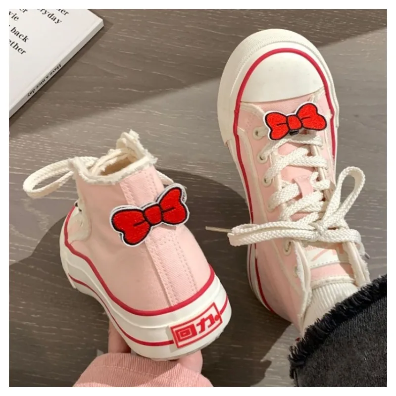 

Sanrios Hellokittys Cartoon Lace Up High Top Canvas Shoes Kawaii Student Casual Shoes Anime Sweet Girls Bow Tie Sneaker Sports