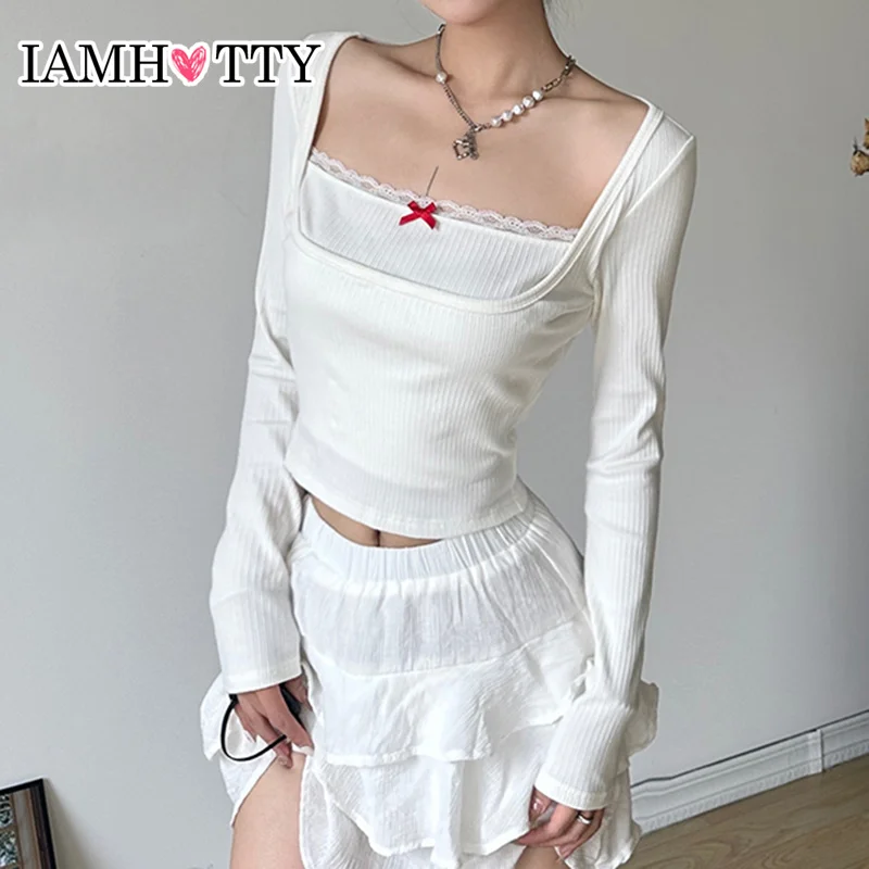 

IAMHOTTY Sweet Contrast Bow Square Collar Top White Coquette Aesthetic Slim-fit Knitted T-shirt Fall Lace Stitch Y2K Tees Casual