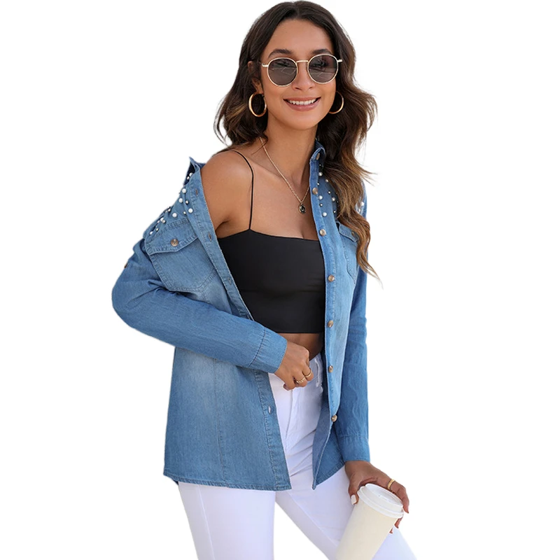 Oversized Spring Women Blouses Long Sleeve Lapel Button Up Pearl Decoration Denim Shirts Women Pocket Blouse Denim Casual Tops
Oversized Spring Women Blouses Long Sleeve Lapel Button Up Pearl Decoration Denim Shirts Women Pocket Blouse Denim Casual Tops