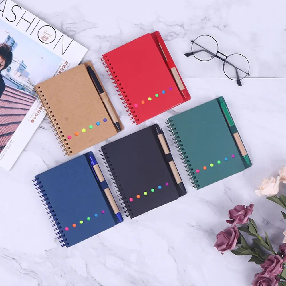 

Kraft Paper Cover Sticky Notes Page Marker Lined Spiral Notebook Business Notebook Colored Index Tabs Notepad with Pen