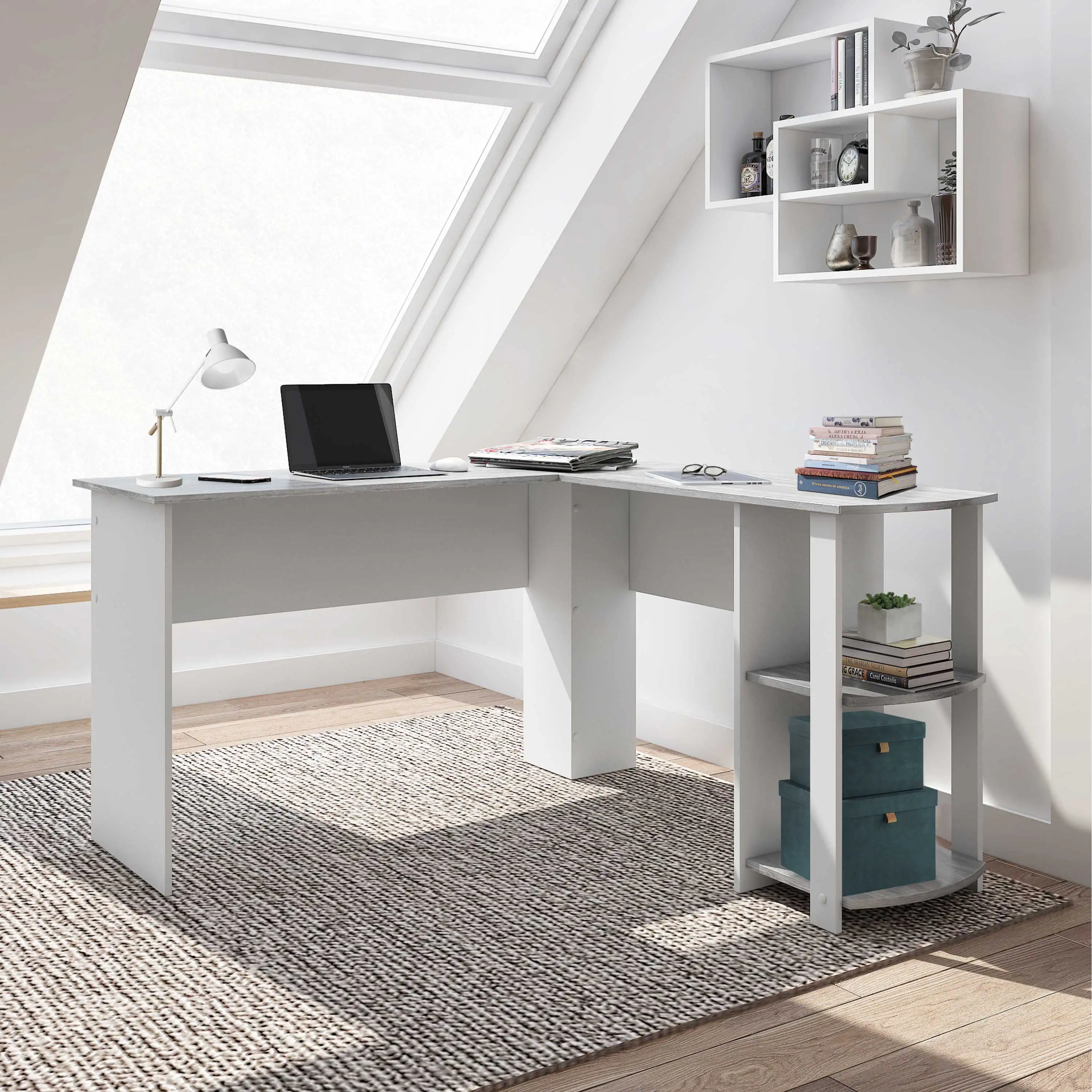 

Techni Mobili Modern L-Shaped Desk with Side Shelves, Grey
