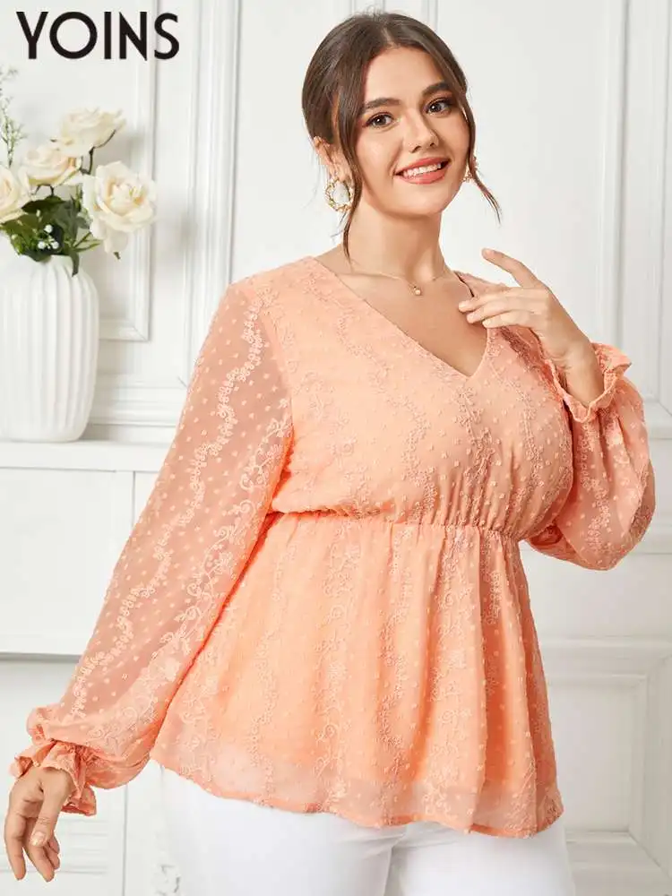 

YOINS Plus Size Women Party Floral Blouses 2023 Autumn Fashion Long Sleeve V Neck Shirts Tunic Tops OL Casual Blusas