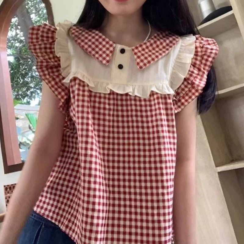 Pullovers O-neck Buttons Patchwork Plaid Sweet Young Style T-Shirts Cute Fashion Loose Casual Summer Thin Women's Clothing 2023
Pullovers O-neck Buttons Patchwork Plaid Sweet Young Style T-Shirts Cute Fashion Loose Casual Summer Thin Women's Clothing 2023