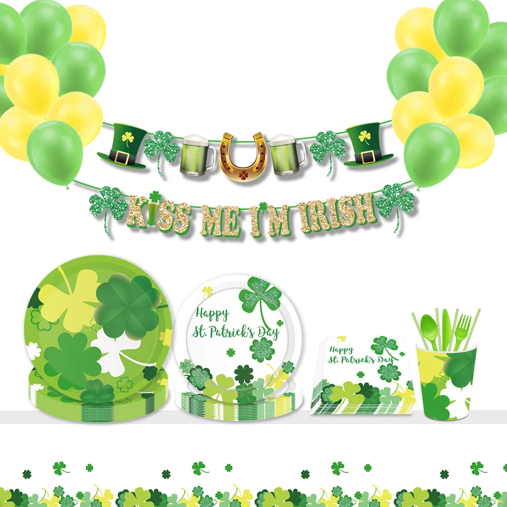 

Irish St Patrick's Day Lucky Four-leaf Clover Party Disposable Tableware Sets Plates Tablecover Decors Festival Party Decoration
