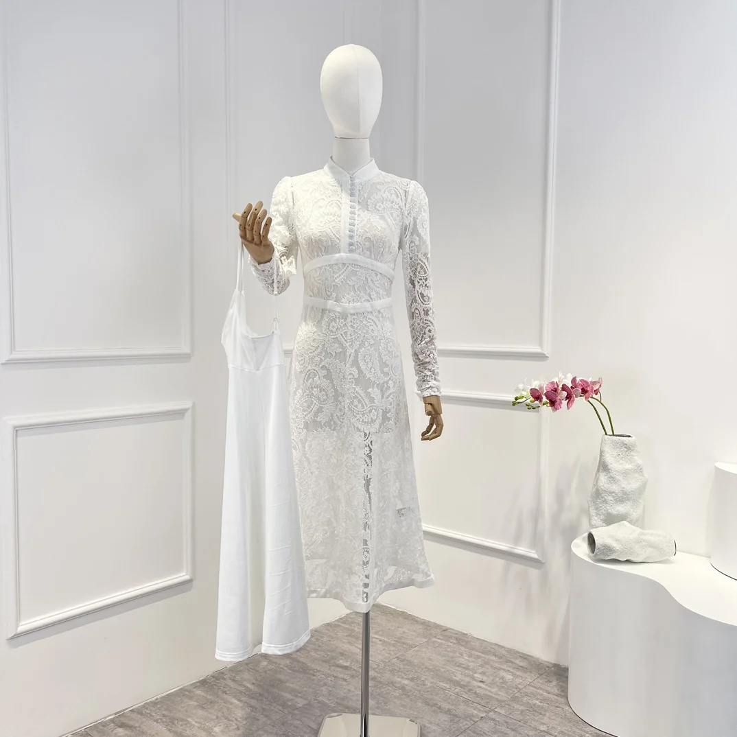 

Женское кружевное платье миди, винтажное белое однотонное элегантное ажурное платье с уникальными пуговицами и цветочным узором, весна-лет...
