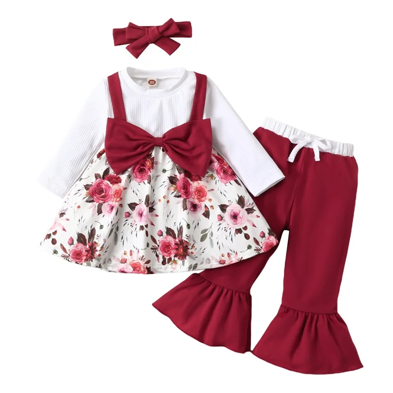 6M-3T Girls 3-Piece Autumn Red Bow Sweet Set Long/Short Sleeve Panel Fake Two-Piece Top + Flared Pants + Headband Set
6M-3T Girls 3-Piece Autumn Red Bow Sweet Set Long/Short Sleeve Panel Fake Two-Piece Top + Flared Pants + Headband Set
