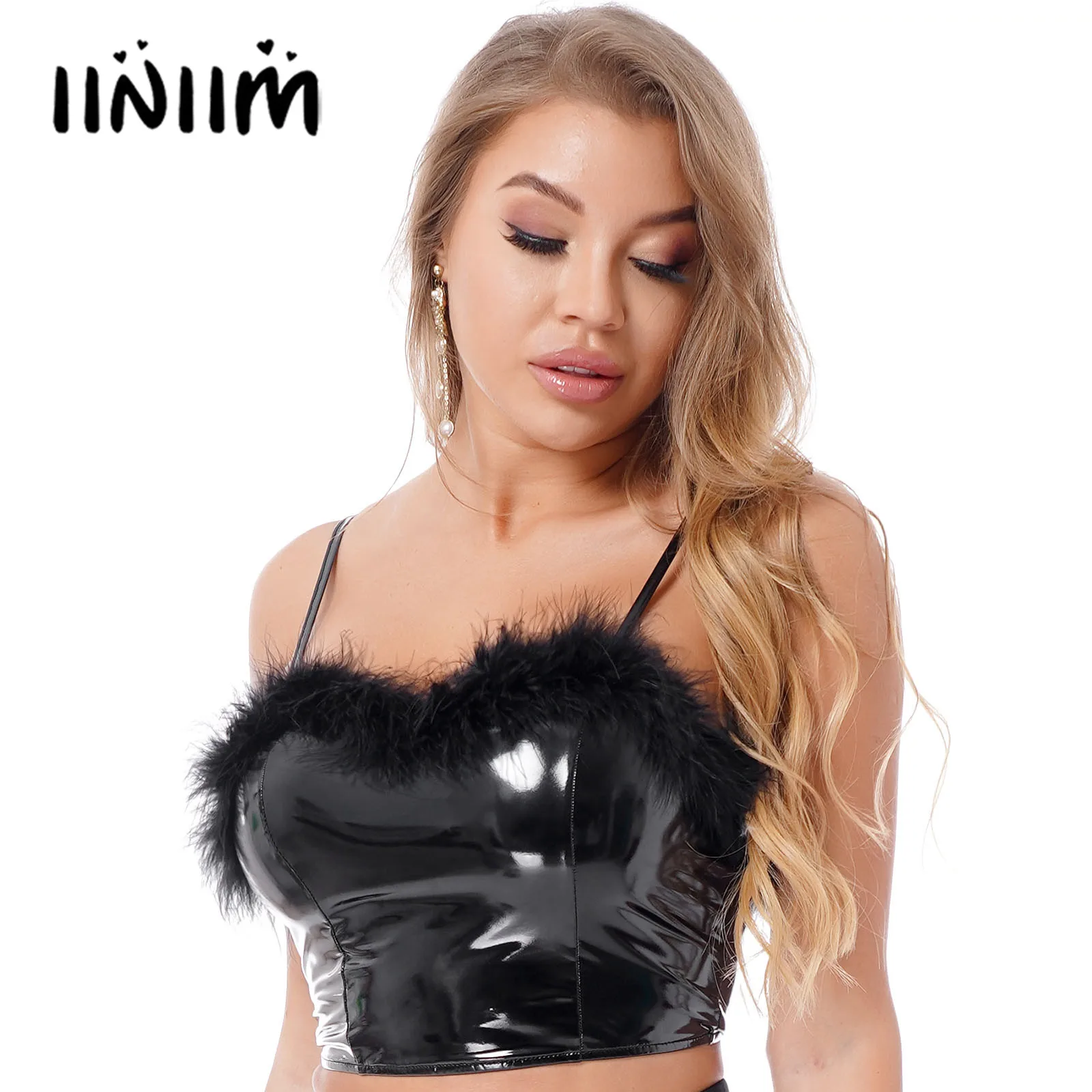 Womens Femme Feather Trimming Patent Leather Camisole Crop Top Zipper Sleeveless Vest Rave Festival Clothing for Pole Dancing
Womens Femme Feather Trimming Patent Leather Camisole Crop Top Zipper Sleeveless Vest Rave Festival Clothing for Pole Dancing