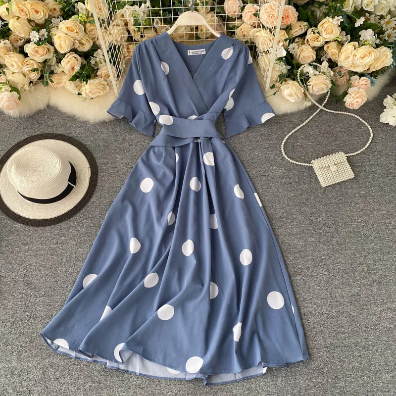 Summer New Elegant Dress Female V Neck Polka Dot Print Design Straps Waist Slim Retro Long Maxi Dresses for Women
Summer New Elegant Dress Female V Neck Polka Dot Print Design Straps Waist Slim Retro Long Maxi Dresses for Women
