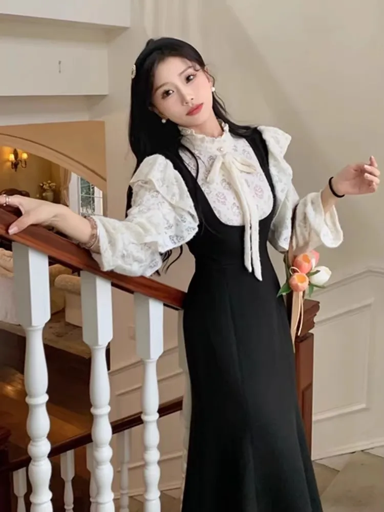 Autumn Korea Elegant Women Two Piece Set Outfit Lace half-high Collar Bow Shirt + Overalls Outwear Female Fairy 2pc Dress Set
Autumn Korea Elegant Women Two Piece Set Outfit Lace half-high Collar Bow Shirt + Overalls Outwear Female Fairy 2pc Dress Set