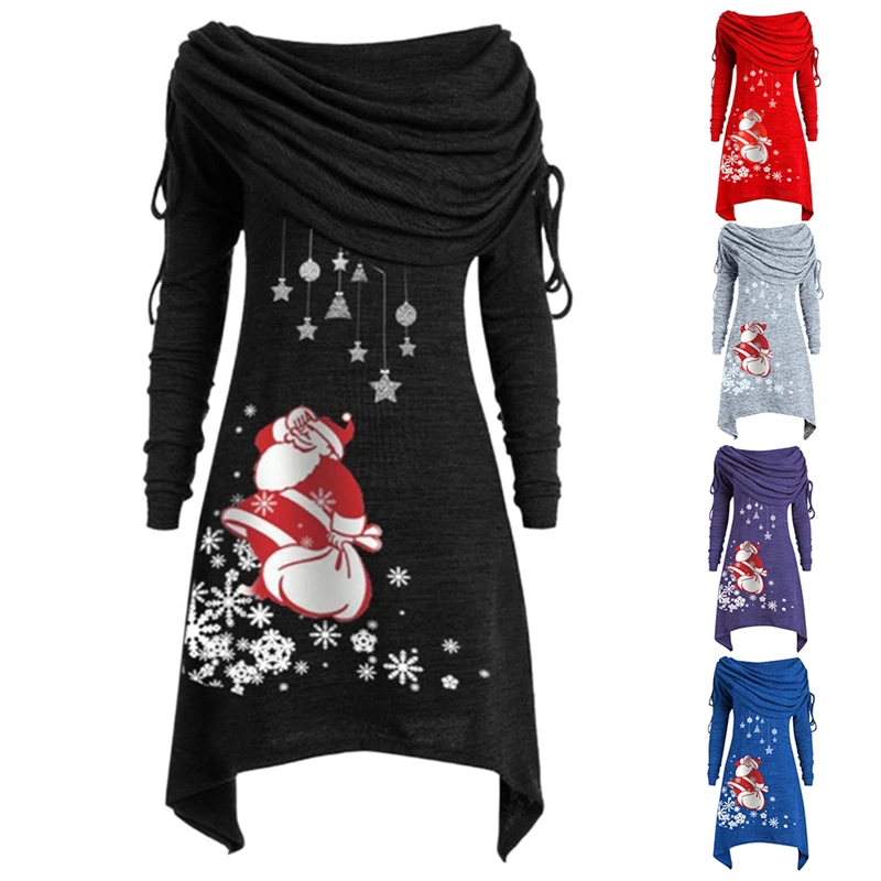 

Women's Fashion Long Sleeve Christmas Santa Claus Snowflake Print Foldover Collar Ruched Irregular Long Tunic Tops