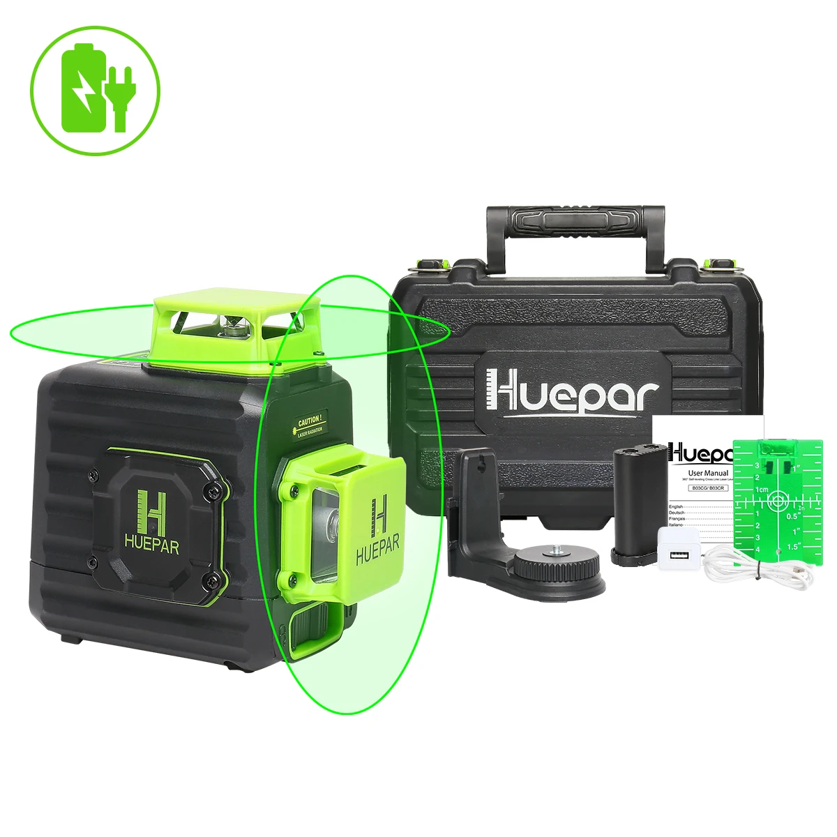 Huepar 2 x 360 Cross Line Self-leveling Laser Level Green Beam Li-ion Battery with Type-C Charging Port & Hard Carry Case
Huepar 2 x 360 Cross Line Self-leveling Laser Level Green Beam Li-ion Battery with Type-C Charging Port & Hard Carry Case