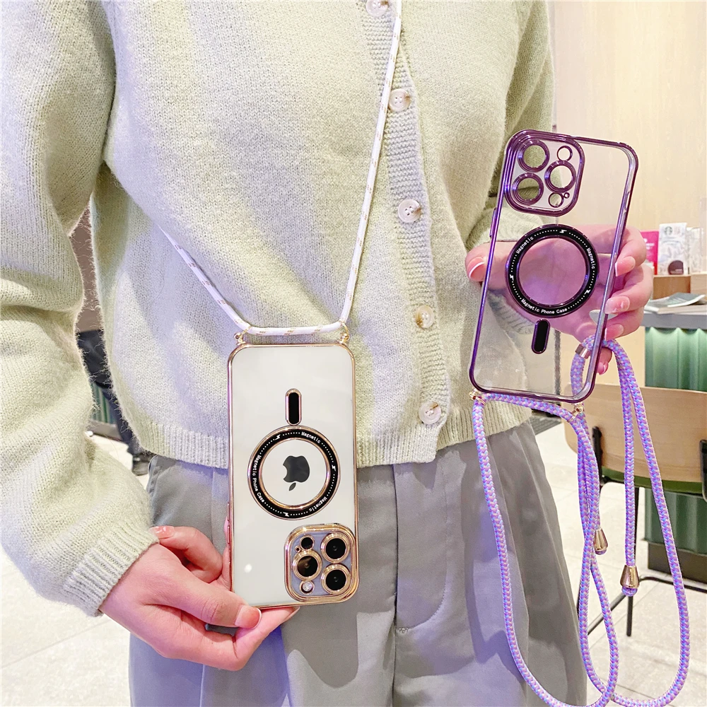 Luxury Plating Clear Magnetic Case for iPhone 14 13 12 11 Pro Max Shoulder Strap Necklace Magsafe Wireless Charging Cases 
Luxury Plating Clear Magnetic Case for iPhone 14 13 12 11 Pro Max Shoulder Strap Necklace Magsafe Wireless Charging Cases
