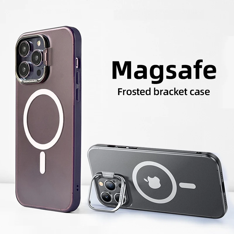 

Magnetic Phone Case For iPhone 12 13 14 15 Pro Max Metal Stand Bracket Magsafe Wireless Charging Frosted Translucent Funda Cover