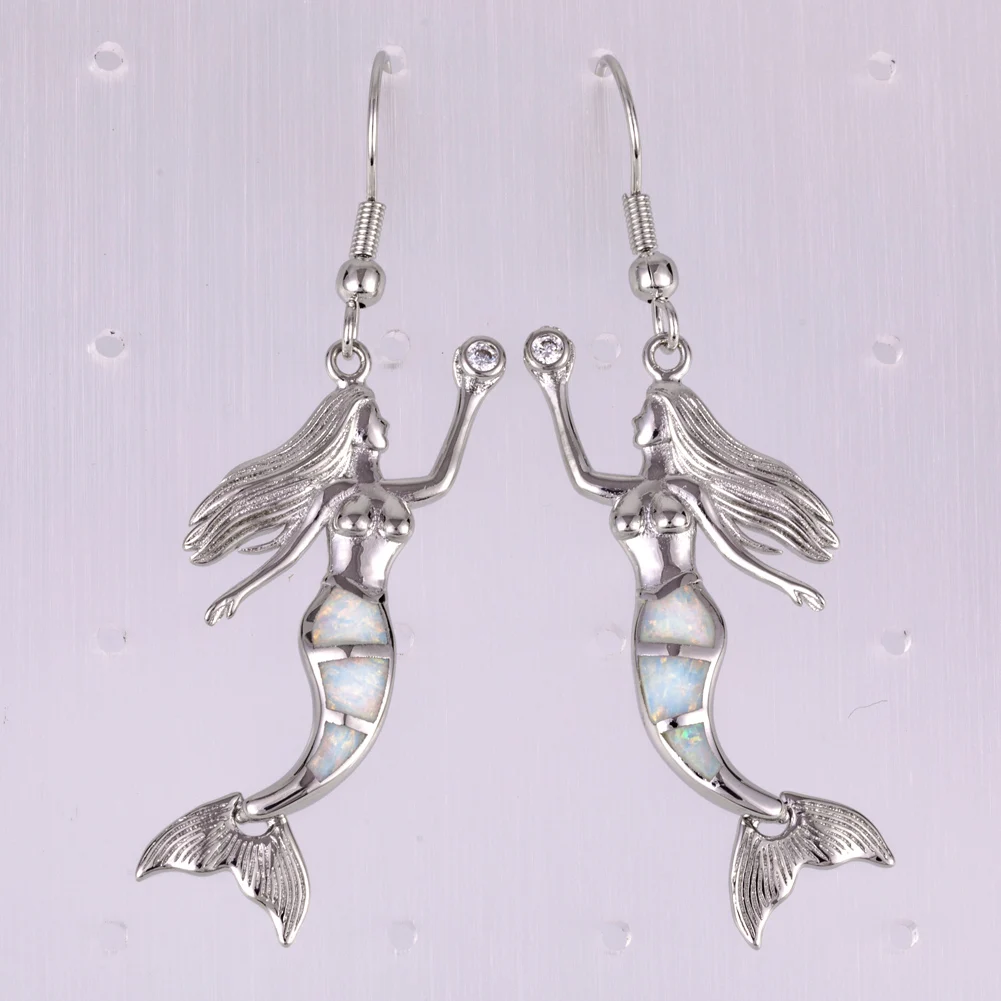 

KONGMOON Mermaid White Fire Opal Silver Plated Jewelry for Women Dangle Drop Earrings