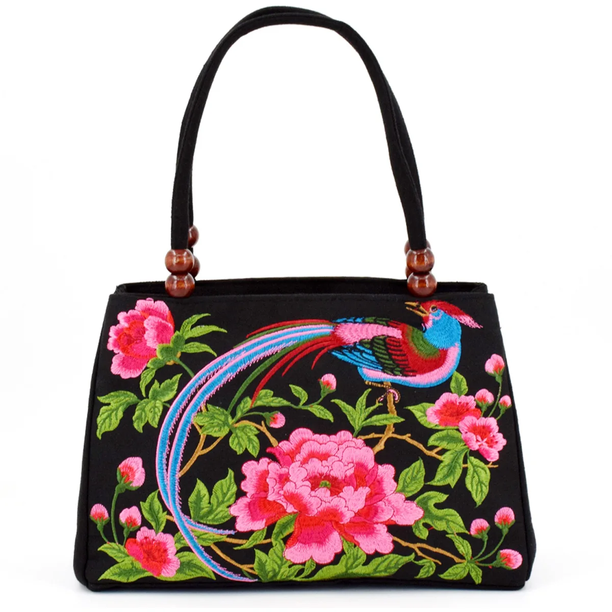 

Ethnic Style Embroidered Tote Bag Double-Layered Canvas Zipper Handbag Retro Flower Embroidery Clutch