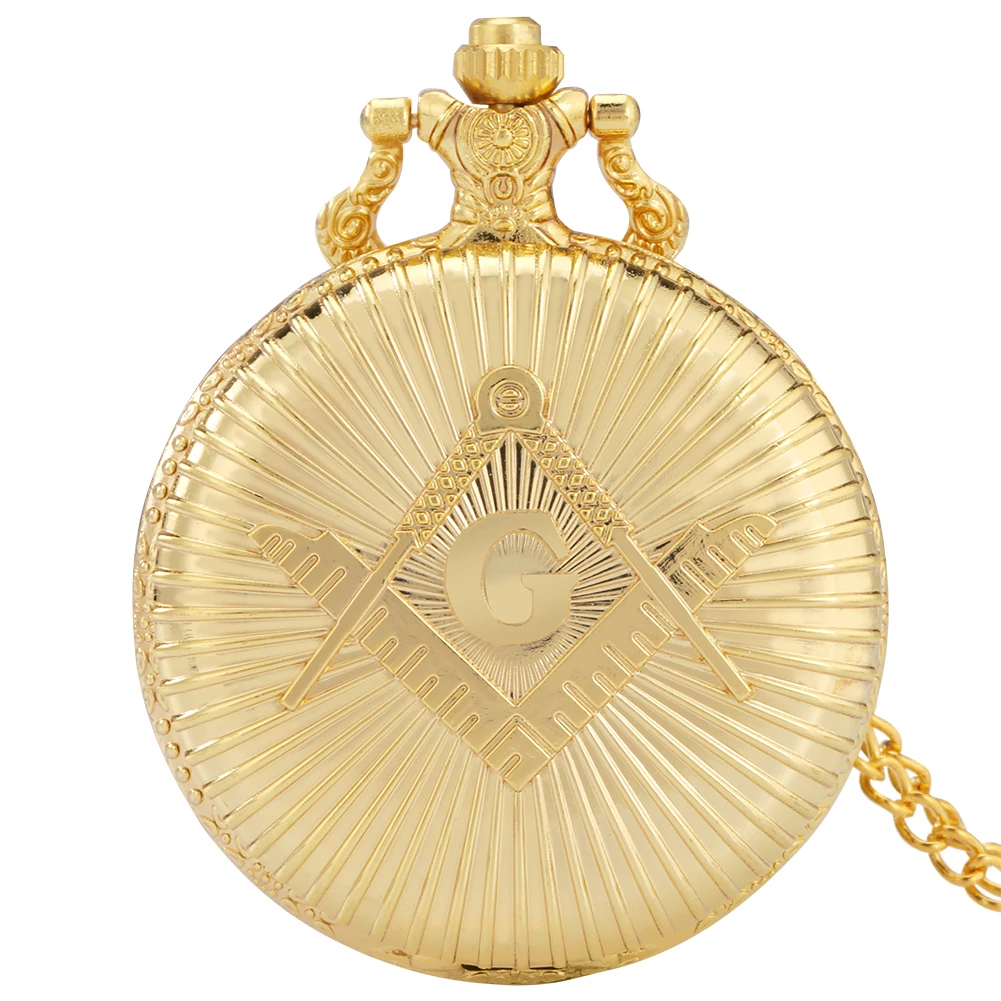 

Retro Gold Freemasonry Chrome Square and Compass Quartz Necklace Watch Men Women Arabic Numeral Analog Dial Pendant Pocket Clock