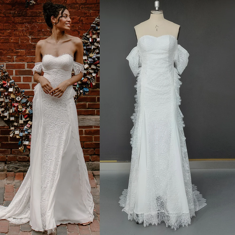 Strapless Chantilly Lace Sheath Wedding Dress Drop Ship Plus Size Off Shoulder Scallop Cutout Back Bridal Gown Lace Armbands
Strapless Chantilly Lace Sheath Wedding Dress Drop Ship Plus Size Off Shoulder Scallop Cutout Back Bridal Gown Lace Armbands
