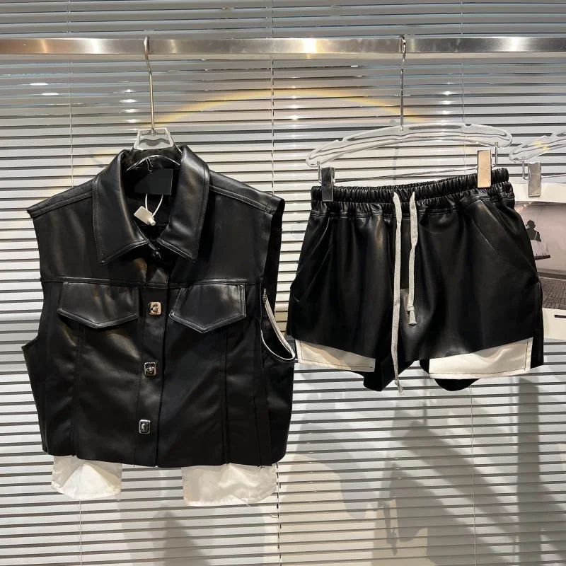 

Autumn New Arrivals Sleeveless Metal Buttons Black Pu Vest Jacket Drawstring Shorts Two Piece Set Women Outfits GG108